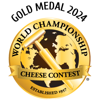 Gold Medal 2024 award from the World Championship Cheese Contest with gold medal and world map.